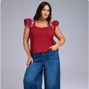 NWT Torrid Belle Isle Flutter Sleeve Embroidered Top Maroon Sz 1X